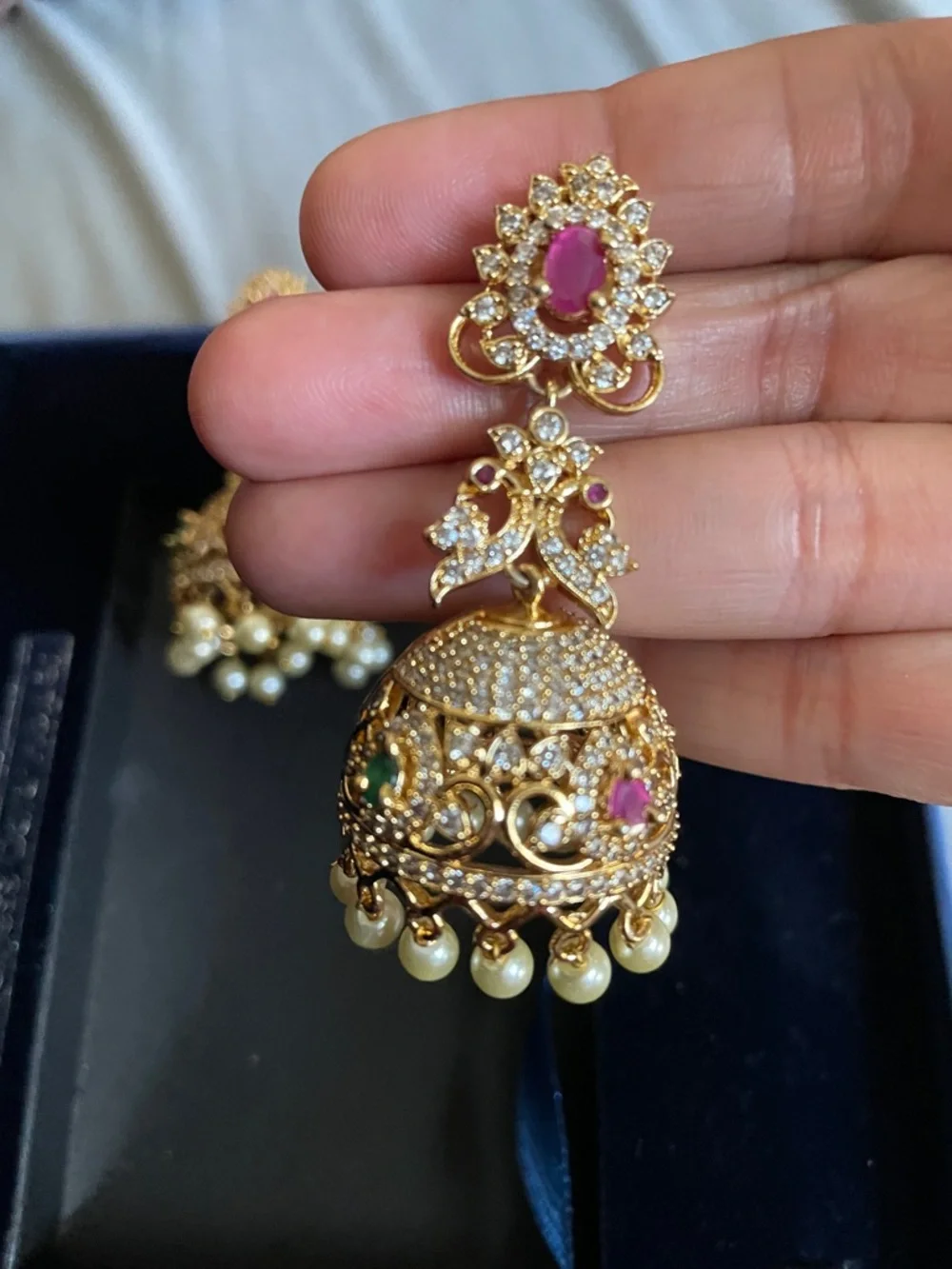 Gold-Tone Pink Stone Jhumka Earrings with Pearl Drops
